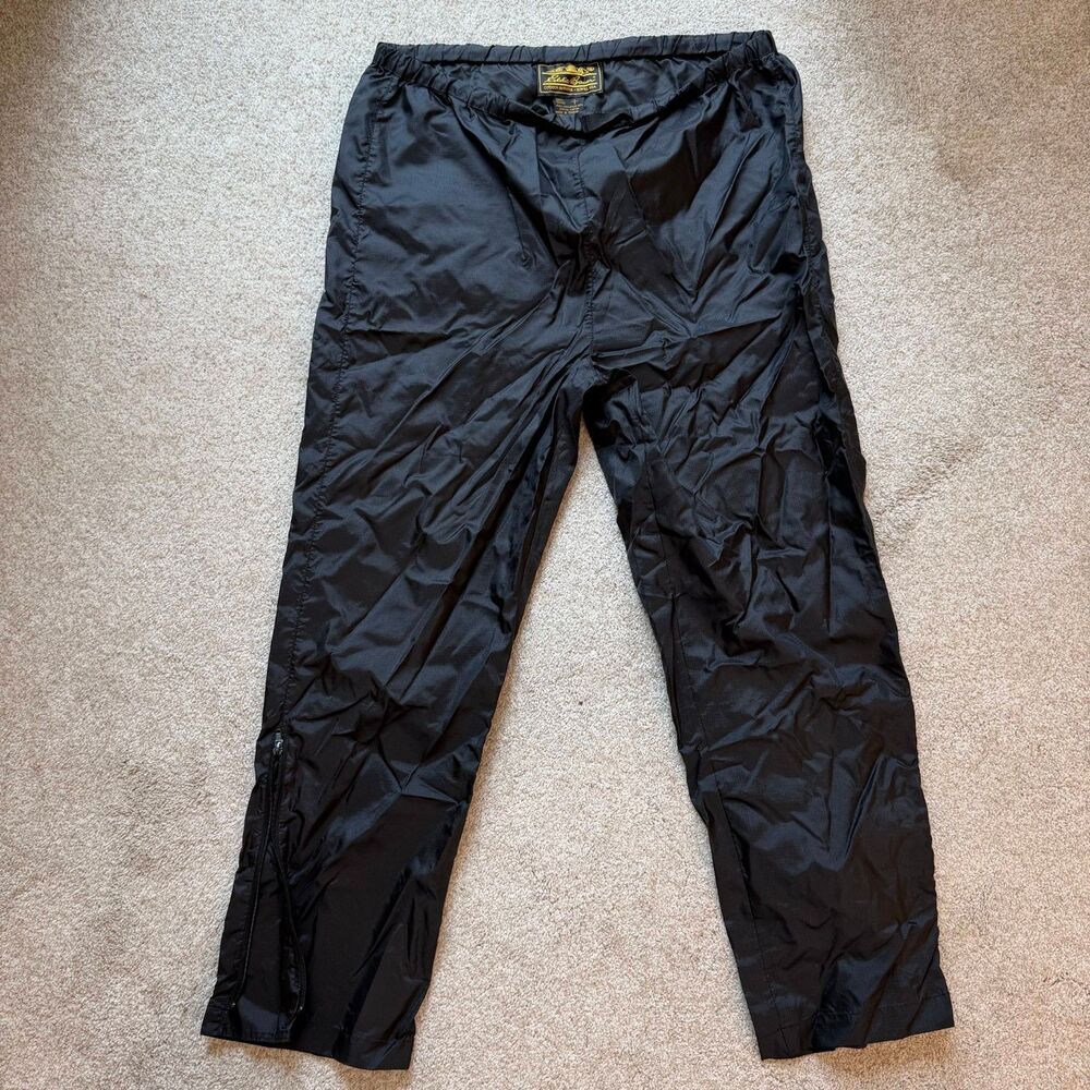 Vintage Eddie Bauer Wide Leg Nylon Rain Pants Mens L Black Ankle Zip Gorpcore